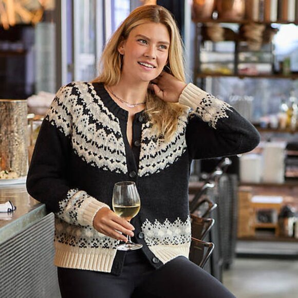 Land's End Women's Cozy Lofty Fair Isle Cardigan Sweater, L - Picture 1 of 12